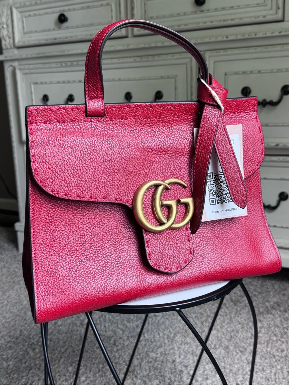 Gucci Red Leather Top Handle Satchel with Gold GG